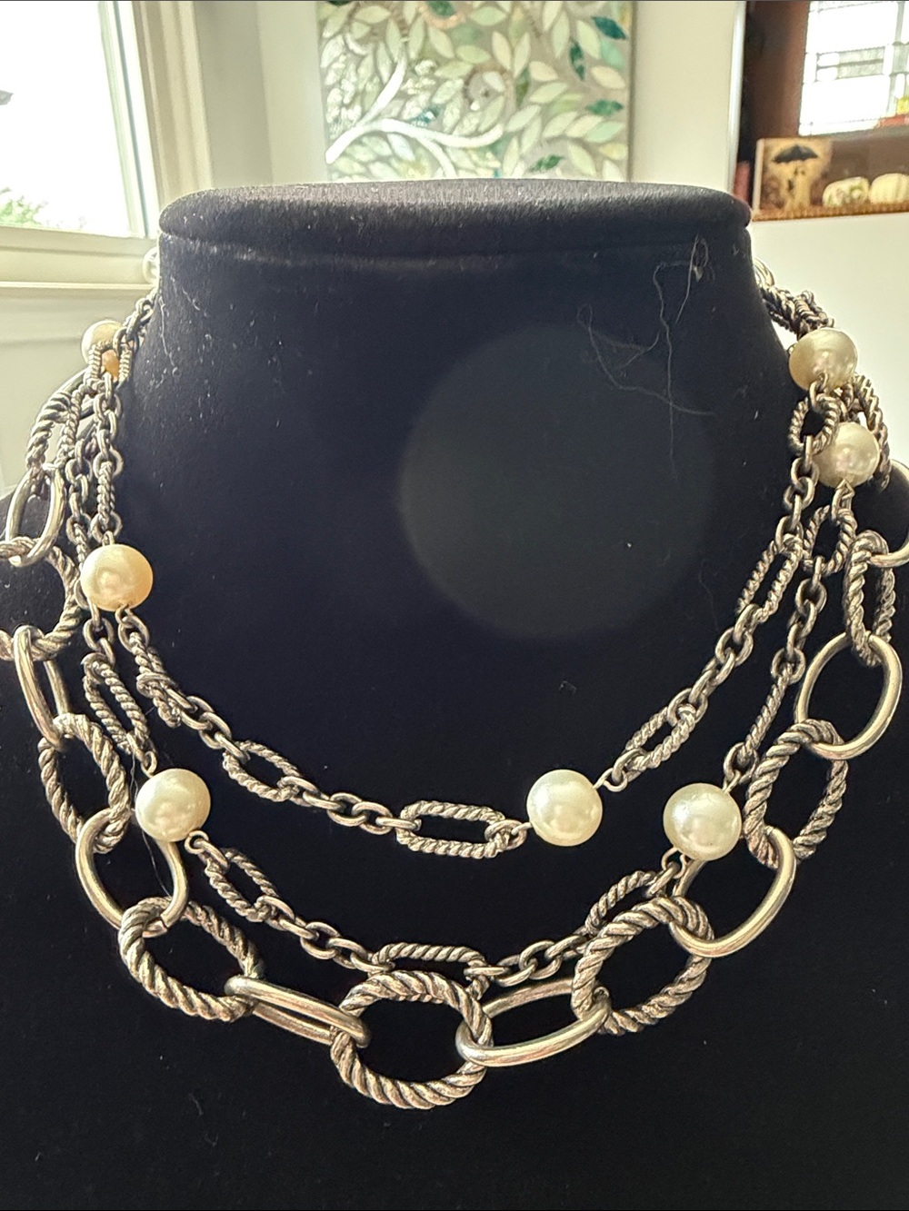 Women's Silver-Tone Multi-Strand Chain Necklace with Faux Pearls